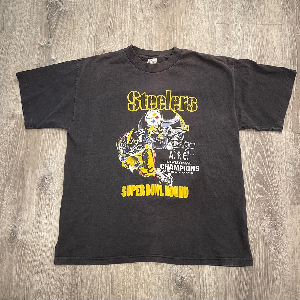 Vintage 90s Pittsbrugh Steelers Super Bowl Bound - Black Graphic T Shirt XL